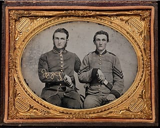 [Captain Charles A. and Sergeant John M. Hawkins, Company E, "Tom Cobb Infantry," Thirty-eighth Regiment, Georgia Volunteer Infantry] by unknown photographer (via Metropolitan Museum, David Wynn Vaughan Collection)
