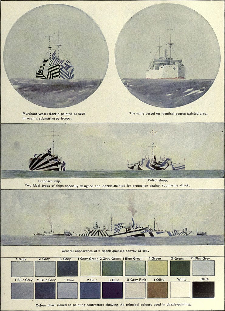 Plate from 1922 showing the dazzle camouflage method, illustrated by Norman Wilkinson (via Encyclopædia Britannica)