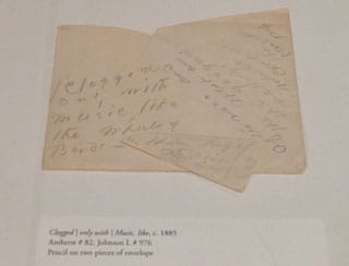 Emily Dickinson, "Clogged | only with | Music, like" (1885). pencil on two pieces of envelope (click to enlarge)