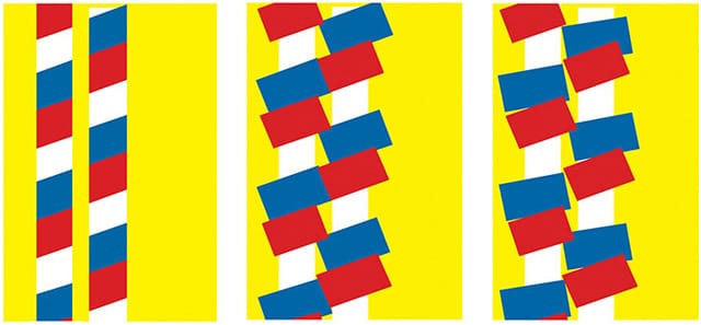 Amanda Curreri, "Double Barbershop Poles (Masked, Unmasked, and Askew)" (2011), Screenprinted tryptich on paper, edition of 10. (image courtesy the artist, via asianart.org)