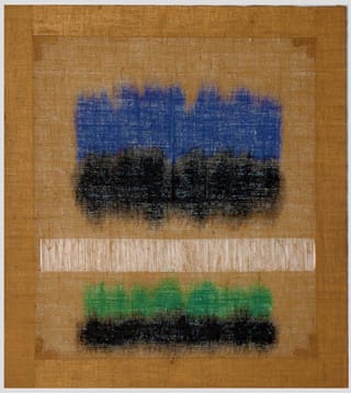 Salvatore Emblema, "Untitled," 1978, tinded soil on de-threaded burlap, 39 1/3 x 35 1/2 in (image via bosicontemporary.com)