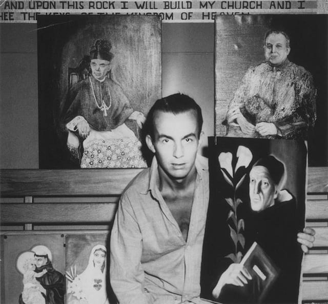 Lester Smith, Catholic Chaplain’s Office muralist, poses with a selection of his other paintings, ca. 1955. (courtesy Eastern State Penitentiary) 