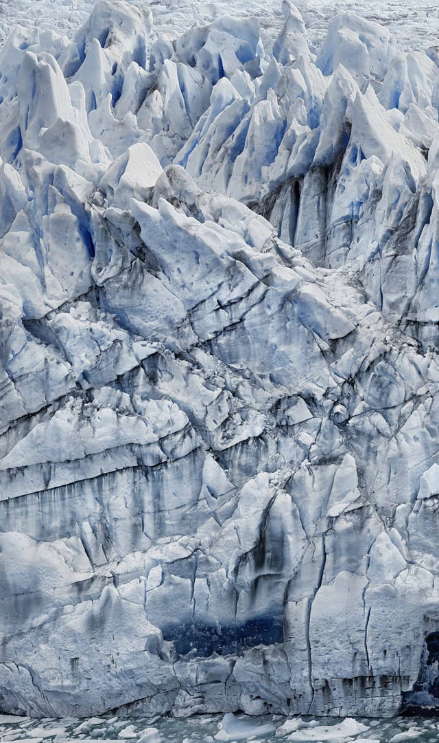 Detail of the left panel of Frank Thiel's "Perito Moreno #01" (2012/2013), framed chromogenic print face mounted to Plexiglas in 5 parts, framed (overall): 118 1/8 x 348 3/8 x 2 3/8 inches (300 x 885 x 6 cm) (image © Frank Thiel / VG Bild-Kunst, Bonn Courtesy: Sean Kelly, New York) 