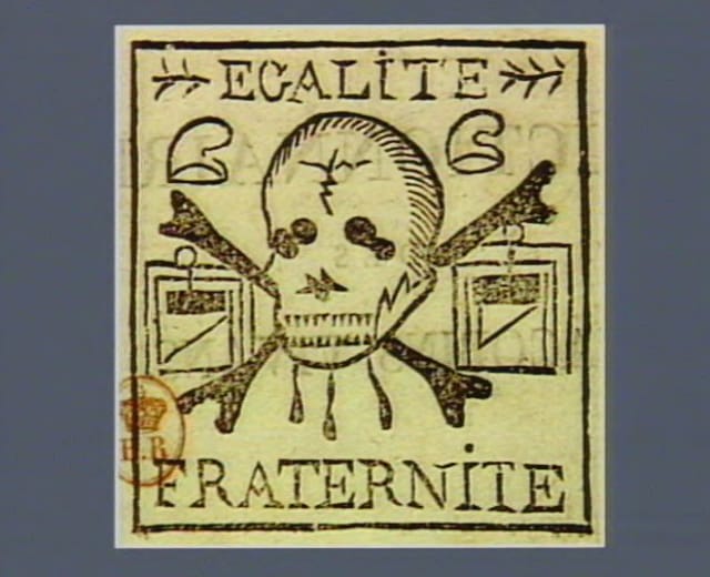 Stam with a skull and guillotines with the words "liberty" and "fraternity" (1799) (via French Revolution Digital Archive)