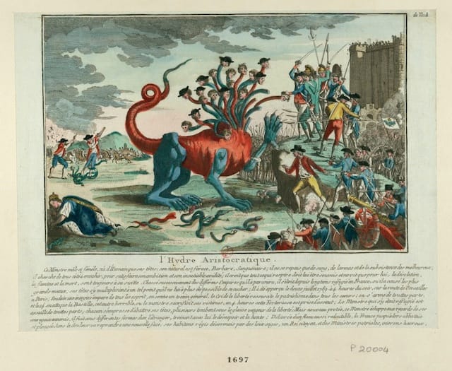 The "aristrocratic hydre" against the people, with the Guillotine in the background (1789) (via French Revolution Digital Archive)