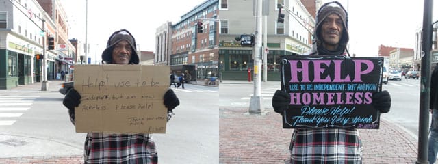Rudolph West with his before and after signs, part of Kenji Nakayama and Christopher Hopes "Signs for the Homeless" project (via homelesssigns.tumblr.com)