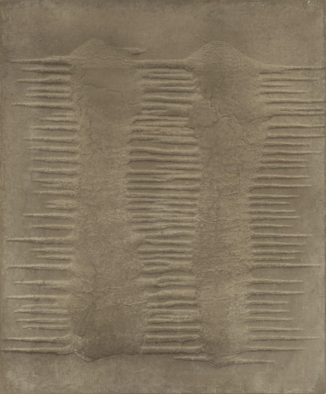 Marcos Grigorian, "Untitled" (1963), sand and enamel on canvas, 30 x 25 in. (76.2 x 63.5 cm), Grey Art Gallery, New York University Art Collection, Gift of Abby Weed Grey, 1975.