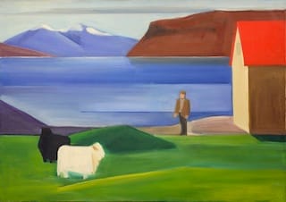 Louisa Matthiasdottir, "Icelandic Landscape with Sheep, Man and Red_Roof" (c.1983), oil on canvas, 37 x 52 in (courtesy Tibor de Nagy) (click to enlarge)