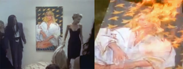The painting the video crew commissioned from Richard Jacobs, and appears in the "Girl I'm Gonna Miss You" video, and later is burned. (screenshots by the author)
