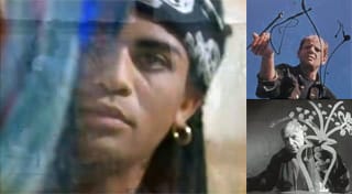 A screenshot of Milli Vanilli painting on glass combined and contrasted with iconic images of Pollock and Picasso painting on glass.