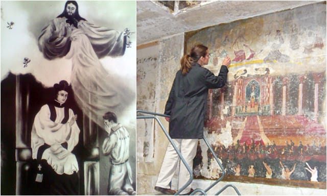 The prisoner redemption mural by Lester Smith; restoring the murals in the chaplain office (courtesy Eastern State Penitentiary)