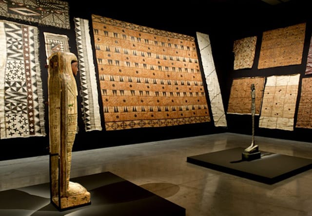 South Pacific tapa cloths with Egyptian sarcophagus & Giacometti Femme Leoni (1947)