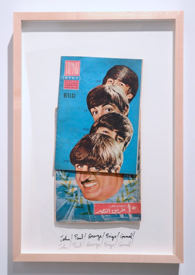 Michael Rakowitz, "John! Paul! George! Ringo! Gamal!" (2014). Yugoslav Flimski Svet magazine (translation = Movie World) October 8, 1964 on Al Musawar magazine, 1960 23.75 x 16.75 inches, framed. All images courtesy of Rhona Hoffman Gallery.