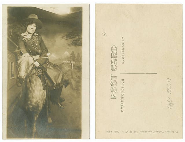 Cowgirl on what seems to be a fake horse, with a backdrop (via SMU)