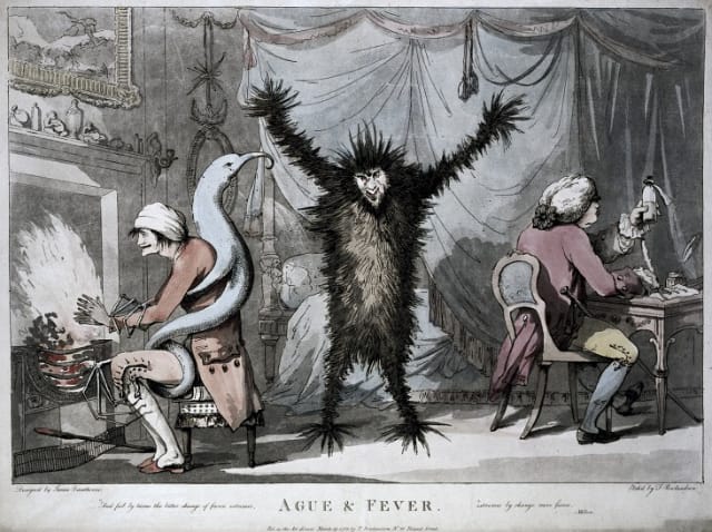 James Dunthorne, a colored etching of fever represented as a beast with a blue monster on the left representing ague and a doctor on the right writing prescriptions (1788)