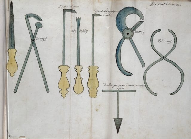 Bernardino Rossi's notebook of surgical lectures showing different dental instruments (1738)
