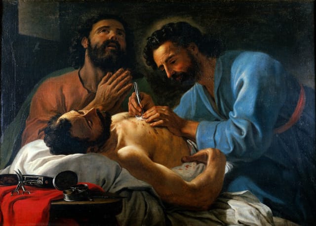 Antoine de Favray, "Saints Cosmas and Damian dressing a chest wound," oil painting 