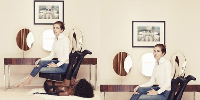 Left: the original Dasha Zhukova "Buro 24/7" photo (via huffingtonpost.com); right: the cropped version now online (via buro247.ru) 