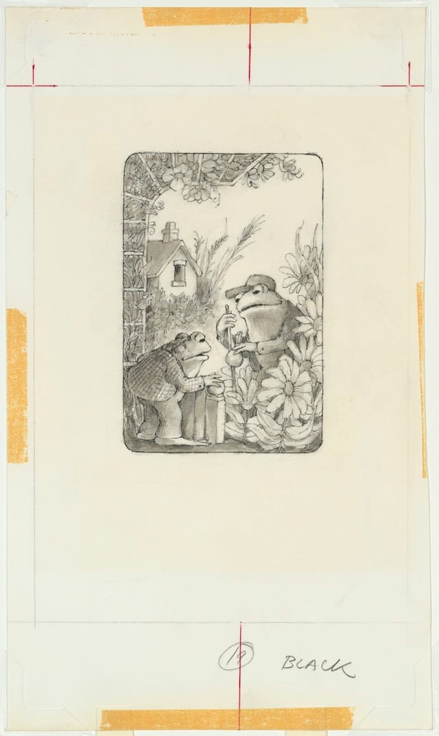 Arnold Lobel, “And soon you will have a garden,” final illustration for Frog and Toad Together, 1980. Graphite, ink, and wash on paper, 17 15/16 x 27 7/8 in. Courtesy of The Estate of Arnold Lobel. (click to enlarge)