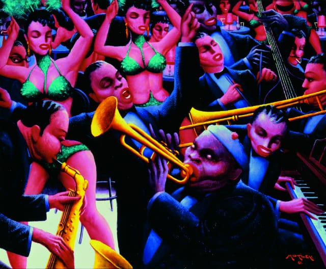 Archibald J. Motley Jr., Hot Rhythm, 1961. Oil on canvas, 40 x 48.375 inches (101.6 x 122.9 cm). Collection of Mara Motley, MD, and Valerie Gerrard Browne. Image courtesy of the Chicago History Museum, Chicago, Illinois. © Valerie Gerrard Browne.
