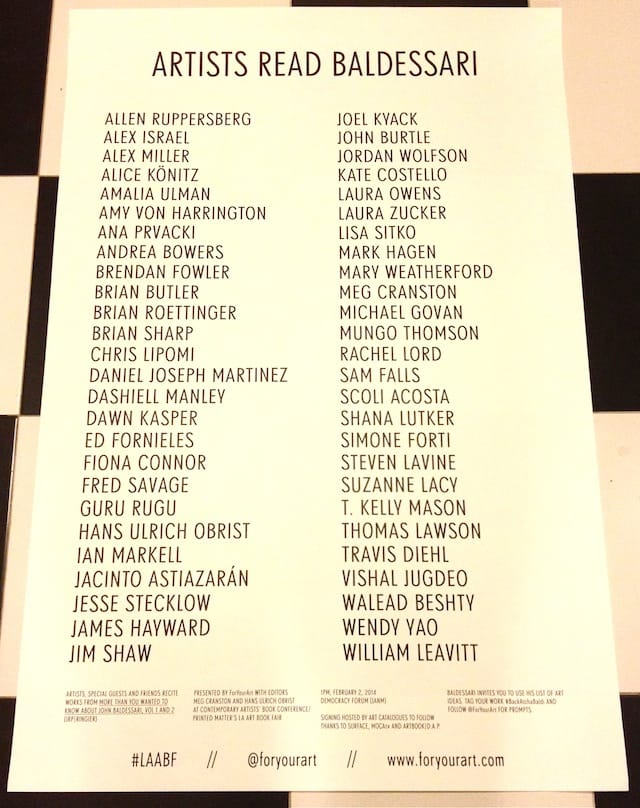 The poster for Artists Read Baldessari, an event held in conjunction with the LA Art Book Fair. All photographs by the author for Hyperallergic.