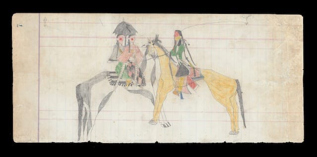 Suitor astride a Yellow Horse Southern Cheyenne, c. 1870 The Sheridan Pages, p. 7 Color and graphite pencil on ledger paper, 11 ¾” x 5 ¼” H. Malcolm Grimmer