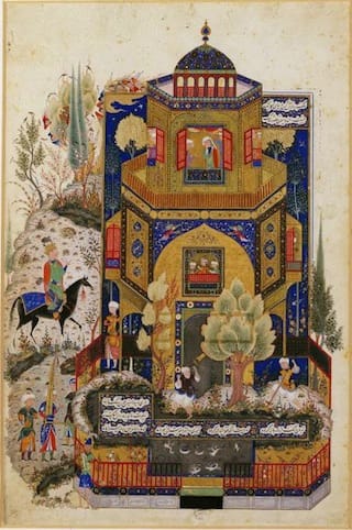Khusraw at Shirin’s palace, miniature from a manuscript of the Khamsa of Nizami, Tabriz (Persia), late  15th century, ink and pigments on paper, The Keir Collection of Islamic Art on loan to the Dallas Museum of Art
