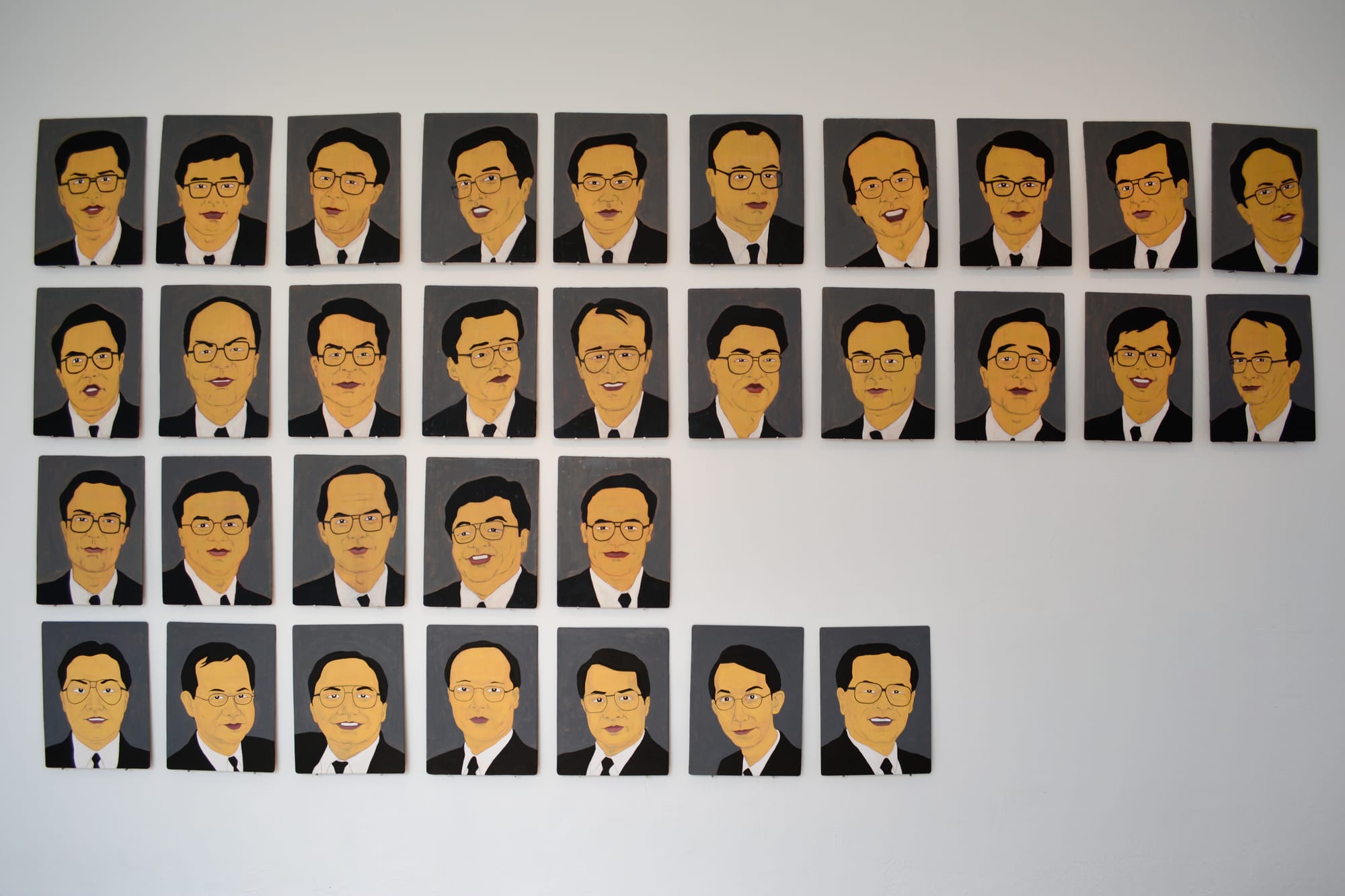 Ho Tam, "Salary Men" (1995), oil on masonite (all photos by the author for Hyperallergic)