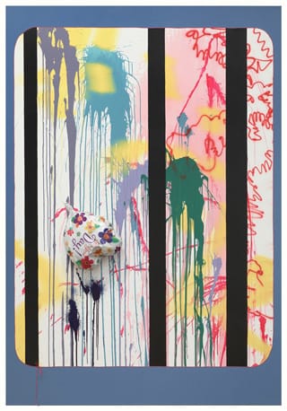 Sarah Cain, "It's Your Day!" (2013), acrylic, string, balloon, and crystal on canvas, 104 x 72 inches (264.2 x 182.9 cm)