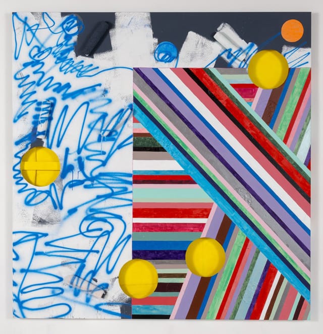 Sarah Cain, "Hole Punched" (2014), acrylic, paint roller heads, and beads on canvas; acrylic on wall, 72 x 74 inches (182.9 x 188 cm)