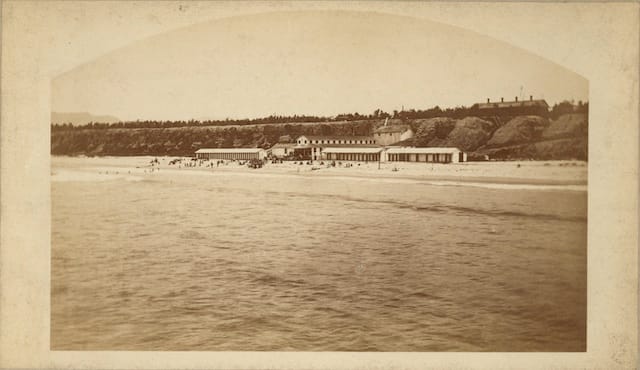Carleton Watkins (1829–1916), Beach and Bathing House at Santa Monica, ca. 1877. Albumen print,   Ernest Marquez Collection. The Huntington Library, Art Collections, and Botanical Gardens.