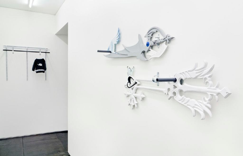 Jasper Spicero, “Way to Dawn” (2013), wall paint, PVC, moth, plumbing hardware