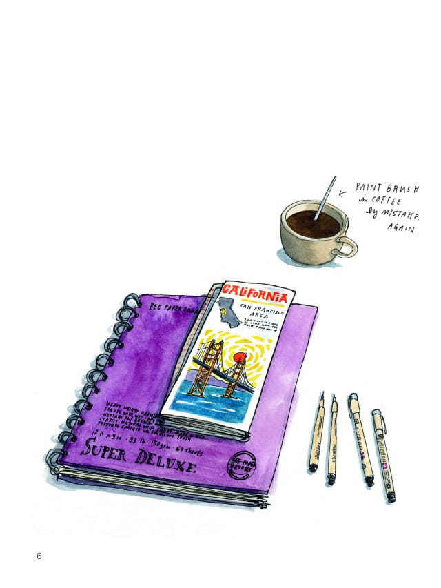 "Paint burhs in coffee by mistake again," in "Meanwhile in San Francisco" by Wendy MacNaughton