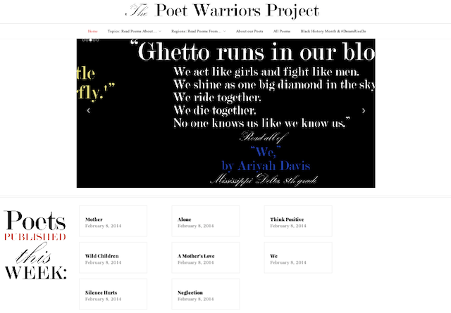 A screen capture of the Poet Warriors Project landing page shows the lively, ongoing display of new poetic content.  All images with thanks to the Poet Warriors Project.
