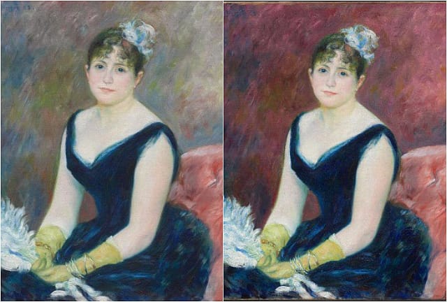 Renoir's " Madame Léon Clapisson" (1883), with its current state on the left & digitized restoration on the right (all images courtesy Art Institute of Chicago)