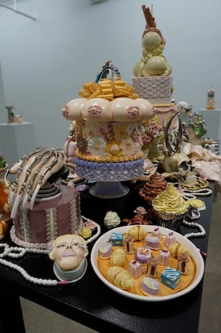 Close-up on Jessica Stoller's "Still Life" (2013), porcelain, china paint, luster, mixed-media, 65 x 47 x 23 ½ in (click to enlarge)