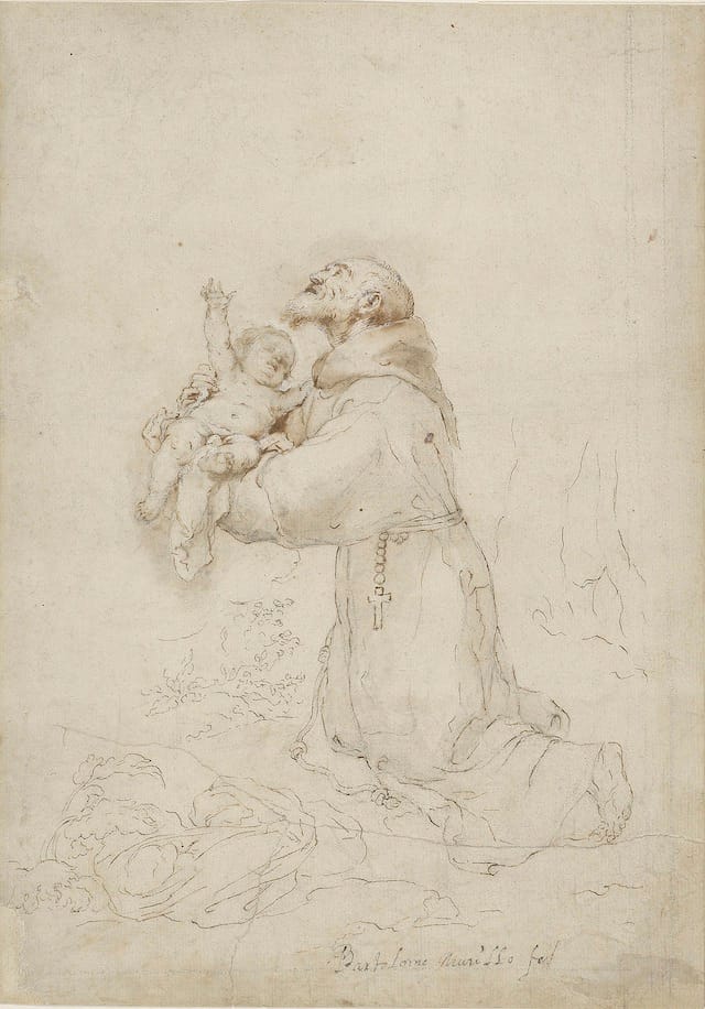 Bartolomé Esteban Murillo (1617–1682) St. Felix of Cantalicio Holding the Christ Child, ca. 1665–69 Brown ink and wash, with opaque lead white, over black chalk The Morgan Library & Museum, New York; I, 110 Purchased by Pierpont Morgan, 1909 Photography: Graham S. Haber