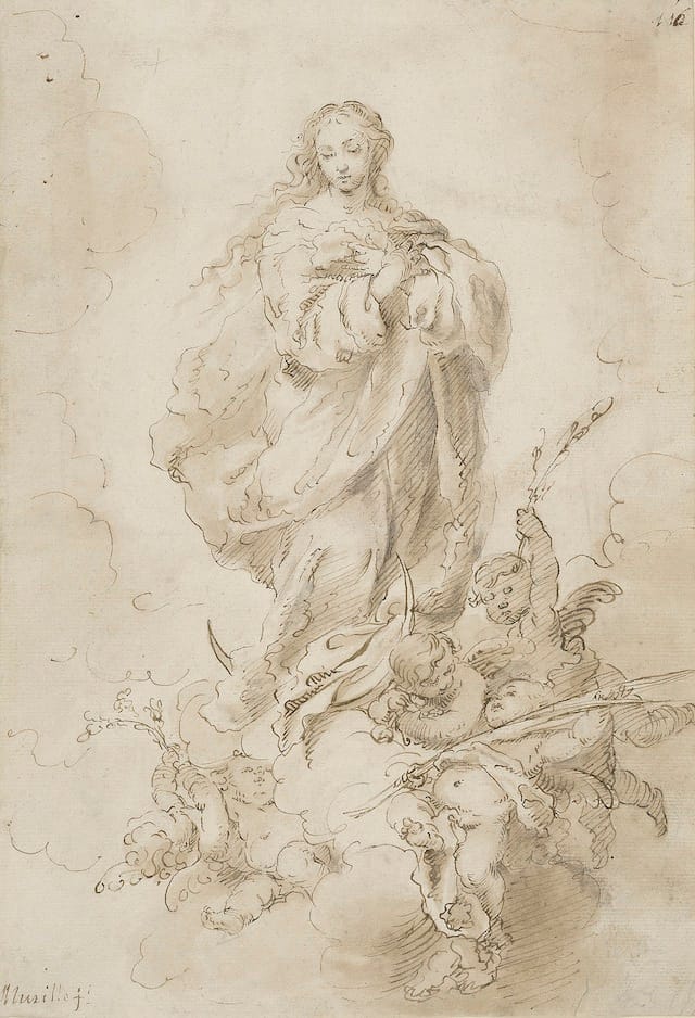 Bartolomé Esteban Murillo (1618–1682) Virgin of the Immaculate Conception, ca. 1665–70 Brown ink and wash, over black chalk The Morgan Library & Museum, New York; I, 111 Purchased by Pierpont Morgan, 1909 Photography: Graham S. Haber