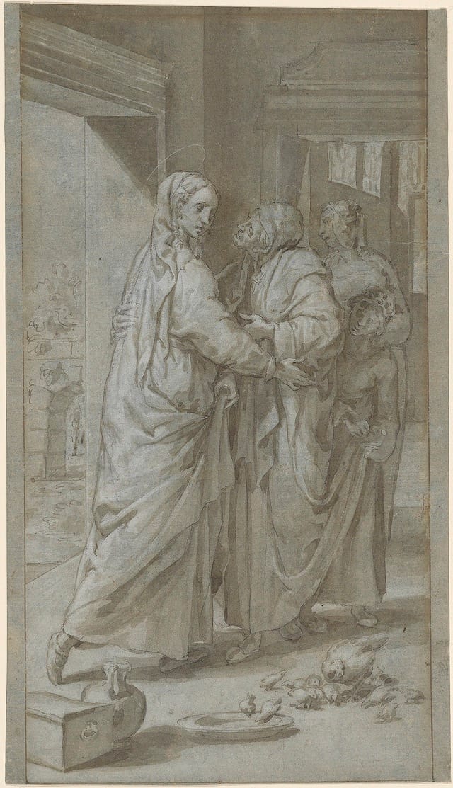Pedro de Campaña (1503–ca. 1580) The Visitation, 1557–62 Brown ink and wash, lead white chalk, over black chalk, on blue paper The Morgan Library & Museum, New York; 2007.76 Purchased on the Edwin H. Herzog Fund and as the gift of Hubert and Mireille Goldschmidt, 2007 Photography: Graham S. Haber