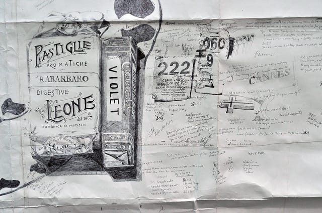 Detail of Dawn Clements's "2 Tables in My Kitchen" (2014), ballpoint pen ink on paper, at Pierogi gallery