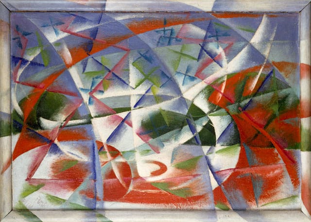 Giacomo Balla, "Abstract Speed + Sound" (Velocità astratta + rumore), (1913–14), oil on millboard (unvarnished) in artist’s painted frame, 54.5 x 76.5 cm (The Solomon R. Guggenheim Foundation, Peggy Guggenheim Collection, Venice) (© 2013 Artists Rights Society [ARS], New York / SIAE, Rome) (photo courtesy Solomon R. Guggenheim Foundation, New York)