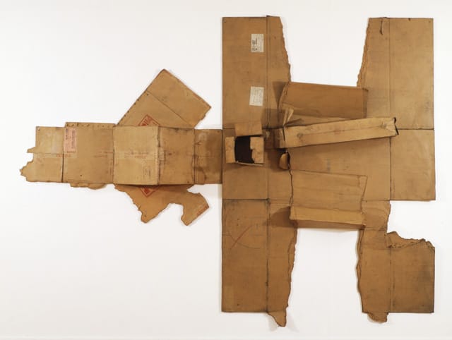 Robert Rauschenberg, "Bande de Sureté / Twin City / Nipples (Cardboard)" (1971), cardboard, 101 in x 134.5 in x 13.75 in SALE Metropolitan Museum of Art, New York. Gift of Robert Rauschenberg Foundation, and Purchase, Lila Acheson Wallace Gift; Gift of Mr. and Mrs. Arthur Wiesenberger, Bequest of Chester Dale, Gift of The A.L. Levine Family Foundation, Fletcher Fund, and Gift of The Glickstein Foundation, by exchange; Mrs. Sid R. Bass Gift; Gifts of Mala Rubinstein Silson, Mrs. Edward Bruce, and Hyman N. Glickstein, by exchange; Harriett Ames Charitable Trust and Molly and Walter Bareiss Gifts; Gift of Mrs. Richard Rodgers, by exchange; and Funds from various donors, 2013)