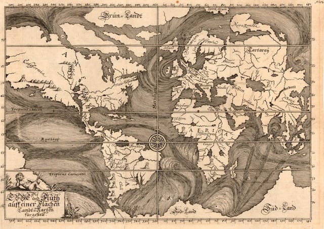 Early Ocean Currents, Eberhard Werner Happel, Die Ebbe und Fluth auff einer Flachen Landt-Karten fürgestelt. Ulm, 1685   Download file( .JPG, 5.3MB ) This unusual map of 1685 illustrates ocean currents as understood at the time based on the observations of explorers and mariners. Though necessarily conjectural in many ways, it highlights the remarkable effort made by early cartographers to make sense of an accumulation of data from such reports without the visualisation tools we have today.