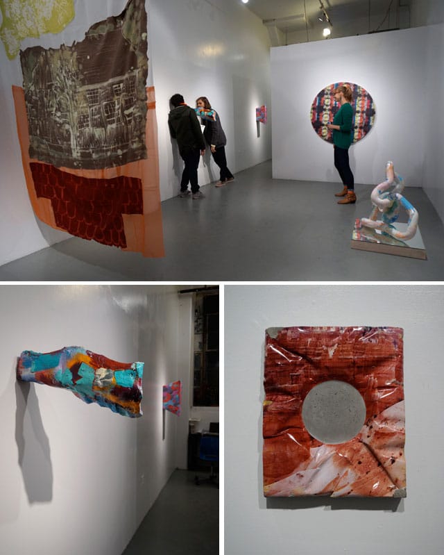 Clockwise from top: installation view, "Space Heater" at Harbor Gallery; Letha Wilson, "Rock Hole Punch (Bryce Canyon)" (2014), unique C-print and concrete, 13 x 10 3/4 x 1 3/4 in; Rachael Gorchov, "NJ Turnpike skies seen from Paonia, CO" (2012), acrylic on papier mache and burlap, 6 x 7 x 22 in (in foreground) (all photos by the author for Hyperallergic)