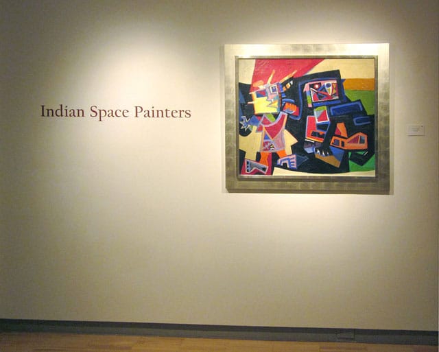 Peter Busa, “Mythic Dancers” (1947), on view in “Indian Space Painters” at David Findlay Jr. Gallery (all photos by the author for Hyperallergic unless otherwise noted)