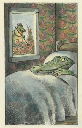 Arnold Lobel, "The Crocodile in the Bedroom," final illustration for 'Fables' (1980), graphite, ink, and watercolor on paper, 17 15/16 x 13 7/8 in (courtesy and c the Estate of Arnold Lobel)