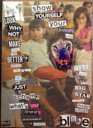 From Magnasco's website: "Collage piece produced for the Toms Marfa Project. Placed on the front door as focal point; questioning the integrity and goodness of the company Toms and owner/celebrity spokes person Blake Myscoskie. The Toms Marfa Project was an art installation not fully lived, aborted early by local population due to ignorance. Toms corporation is under questioning because reading between the lines its corporate mission seems to repackage slavery and colonization, using the good of Christianism to sell a brand in a contemporary dialog that is easily understood to uneducated American consumers.of an advanced nation."