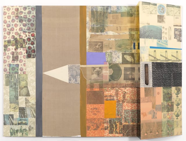 Robert Rauschenberg, "Melic Meeting (Spread)" (1979), solvent transfer, fabric collage, acrylic, mirrored panel, wood, and comb on wood panels SALE 96 in x 132 in x 14 in New Orleans Museum of Modern Art. Gift of the Robert Rauschenberg Foundation, partially in honor of Dora Rauschenberg, and Museum purchase with funds provided by The Helis Foundation)