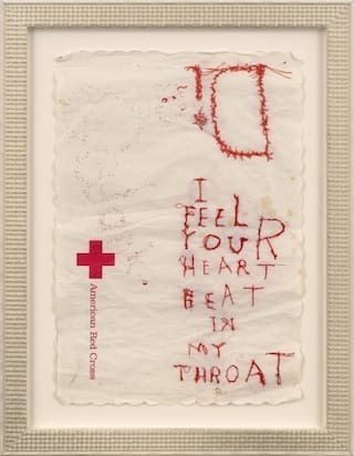 Peter Gallo, I Feel Your Heart Beat in My Throat, dental floss on found paper