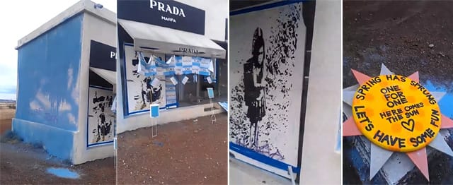 Scenes of the Prada Marfa vandalism (screenshots via You Tube)